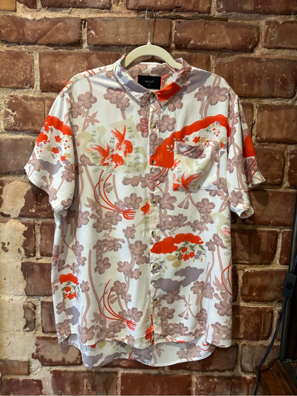 ROLLA'S White Short-Sleeve Button-Up with Orange & Taupe Floral Koi Print
